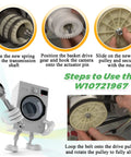 Washer pulley kit W10721967 installation steps collage showing shaft spring, basket drive gear, and new drive pulley.