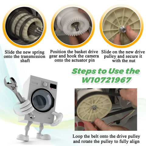 Washer pulley kit W10721967 installation steps collage showing shaft spring, basket drive gear, and new drive pulley.