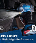 Hardcore Garage Ready 20v Brushless Impact Wrench with LED light in use under a vehicle showing high performance and torque.
