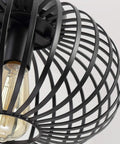 Close-up of Industrial Black Metal Cage Ceiling Light Fixture For Hallways Living Rooms And Kitchens Semi Flush Mount Modern Farmhouse Style With Durable Piano Paint Finish And Easy Installation showcasing bulb and cage design.