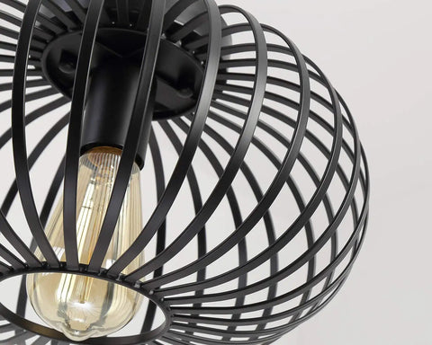 Close-up of Industrial Black Metal Cage Ceiling Light Fixture For Hallways Living Rooms And Kitchens Semi Flush Mount Modern Farmhouse Style With Durable Piano Paint Finish And Easy Installation showcasing bulb and cage design.