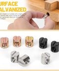 Close-up of 50Pcs M6 X 10mm Yellow Zinc Plated Carbon Steel Barrel Nuts Kit Slotted Dowels being inserted into wood furniture.