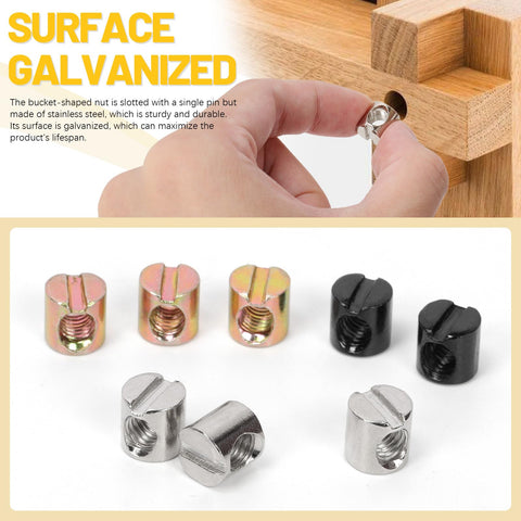 Close-up of 50Pcs M6 X 10mm Yellow Zinc Plated Carbon Steel Barrel Nuts Kit Slotted Dowels being inserted into wood furniture.