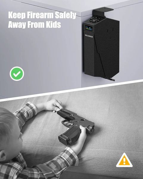 Slick Drop Down Biometric Gun Safe Featuring Lcd Temperature And Humidity Display For Dead Nuts Secure Handgun Storage mounted near child.