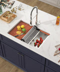 Kitchen with undermount 14x19 inch bar sink in 16 gauge stainless steel, single bowl prep for RV and small kitchens with cutting board.