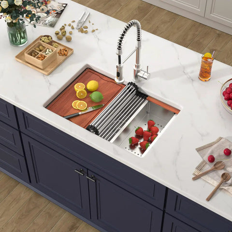 Kitchen with undermount 14x19 inch bar sink in 16 gauge stainless steel, single bowl prep for RV and small kitchens with cutting board.