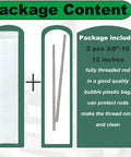 Two 3/8-16 stainless steel fully threaded rods, 12 inches, right-hand UNC threads, in a plastic bag