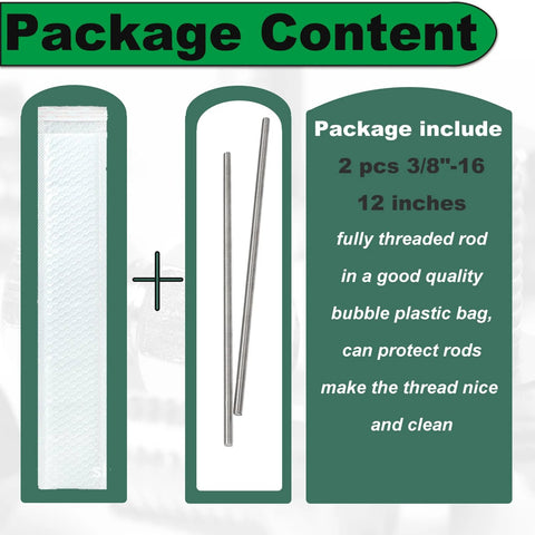 Two 3/8-16 stainless steel fully threaded rods, 12 inches, right-hand UNC threads, in a plastic bag