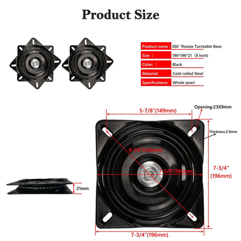 Two Pack 8 Inch Heavy Duty Bar Stool Swivel Plate Replacement 360 Degree Swivel Square Turntable Base With Ball Bearing For Swivel Chairs And Bar Stools, product size dimensions and detail view