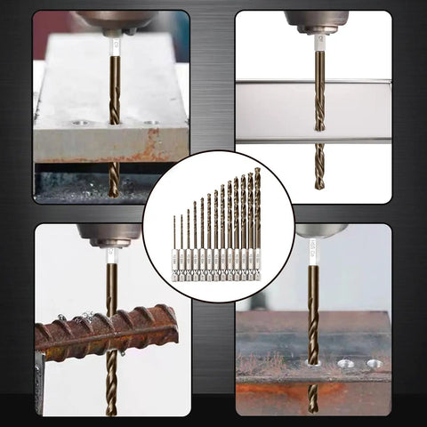 Boss Cobalt Drill Bit Set For Metal And Hardened Steel With M35 HSS Bits 13 Piece One Sixteenth To One Quarter Inch Twist Bits For Impact Driver Hex Shank And Index Holder drilling various metals