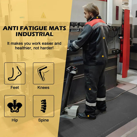3 X 5 Foot Anti Fatigue Floor Mat Extra Thick Fifteen Sixteenths Inch Ergonomic Diamond Plate Heavy Duty Non Slip Industrial Grade Mat To Ease Leg And Back Pain Durable Gray used by worker in industrial setting.