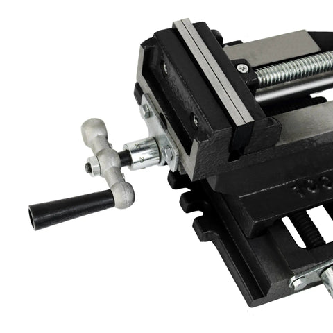 Close-up of X-Y Compound Drill Press Vise Beefy 2 Way Heavy Duty Cross Slide Clamp with 6 inch jaw in ductile iron