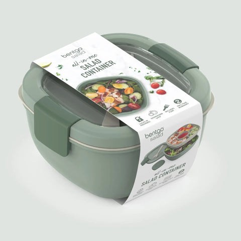 Salad On The Go Meal Prep Kit With 54 Oz Bowl Four Compartment Toppings Tray Leak Proof Dressing Container Reusable Fork BPA Free Lunch Box Removable Bento Tray Khaki Green, featuring packaging view