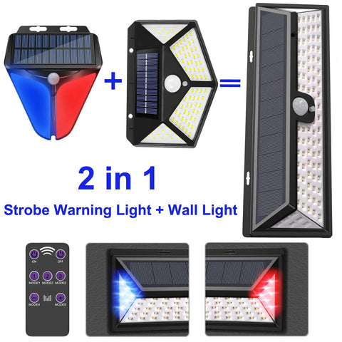 Outdoor Solar Motion Sensor Lights With Remote Control Four Modes IP65 LED Wall Lights with strobe warning and remote