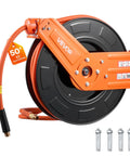 Professional Grade Retractable Air Hose Reel Half Inch By Fifty Feet Solid Rubber Compressor Line featuring bright reel and brass fittings.