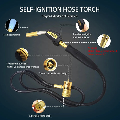Self Ignition Propane Gas Torch Kit With Brass Hose 1.5m, Adjustable Flame For Welding Brazing HVAC Plumbing Barbecue And Metalworking, showing features.