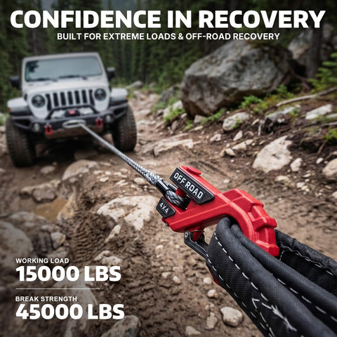 Three-Eighths Inch Heavy Duty Winch Hook With Safety Latch, 45,000 Lbs Break Strength pulling SUV in rocky terrain