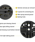 Pro Grade Punch Set With Brass Punches, Steel Pin And Roll Pin Punches, Bench Block, top view with labeled grooves and channels