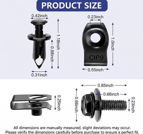 35 Piece Universal Engine Under Cover Fastener Kit With Push Retainers And Rivet Clips For Front And Rear Splash Shield Bumper Fender Liner U Nuts For Most Vehicles, size chart
