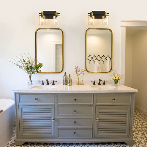 2 Light Vanity Light Fixture Black and Gold With Clear Glass Shade Matte Black Finish Brushed Gold Copper Accent Socket Modern Over Mirror Bathroom Wall Sconce For Bathrooms