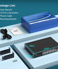 Beefy Unmanaged 18-Port 2.5G Switch With Dual 10GBASE-T Ports, package contents including switch, power cable, and brackets