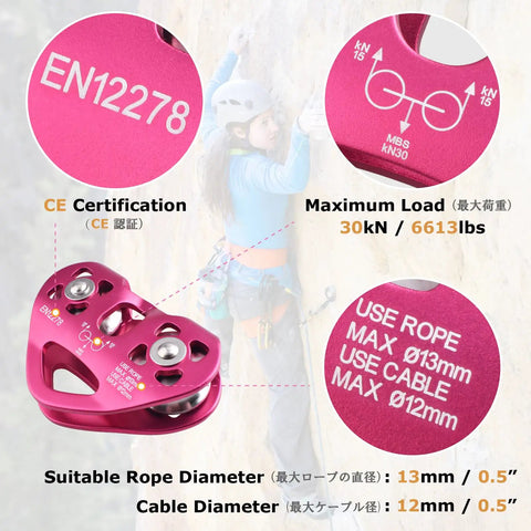 Badass Heavy Duty Zipline Pulley With 6700 Lbs Load Rating And Buttery Smooth Double Bearings showing CE certification and specifications.