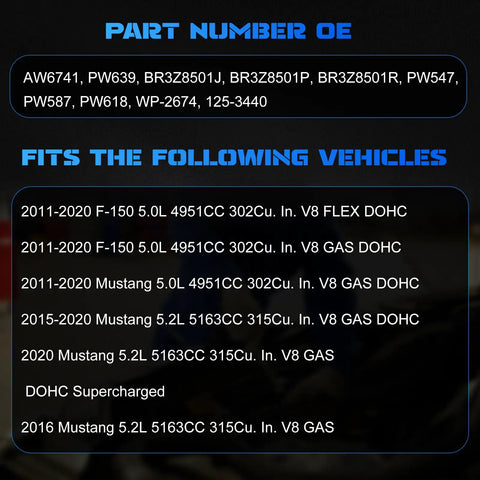 Part numbers and vehicle fitment details for Engine Water Pump With Gasket Kit For 2011-2020 Ford F150 5.0L V8 And Mustang 5.0L 5.2L V8.