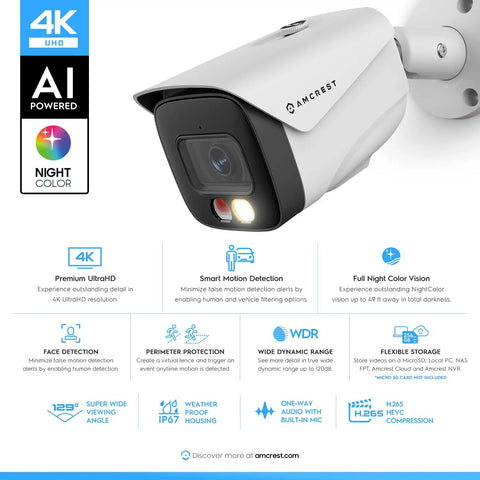 UltraHD 4K IP PoE AI Bullet Camera With 129 Degree Field Of View 49ft Color Night Vision Outdoor Security Cam Human and Vehicle Detection Active Deterrent 4K At 15fps IP8M-2796EW-AI displayed on a mount