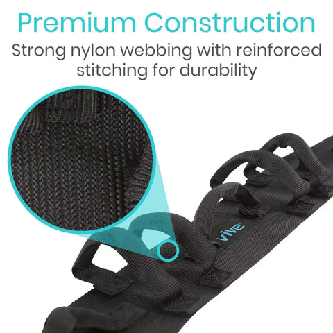 Close-up of Gait Belt With 7 Padded Grab Handles For Safe Patient Lifts And Easy Transfers, durable nylon and stitching detail.