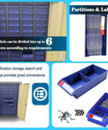 Front view of 60 Drawer Parts Cabinet Nut And Bolt Organizer Lockable Metal Bin Cabinet with partitions, labels, doors open.