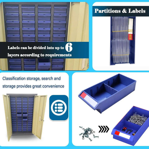 Front view of 60 Drawer Parts Cabinet Nut And Bolt Organizer Lockable Metal Bin Cabinet with partitions, labels, doors open.