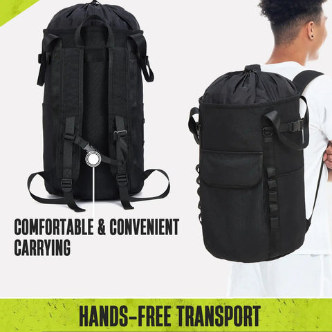 Heavy Duty Arborist Rope Bag 35L Bucket Backpack for Tree Climbing, featuring shoulder straps and side pockets.