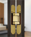 Heavy Duty Concealed Hinge For Folding Wood Doors And Cabinets With Smooth Operation showing gold finish and hidden mount installation.