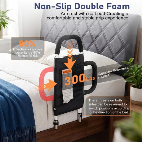 Granny Friendly Bed Rail With 2 Grab Bars And Storage Pocket 300 lbs capacity ASTM certified for fall prevention on bed