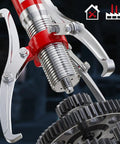 Close-up of Portable Hydraulic Gear Puller Set with 2-Jaw and 3-Jaw Modes in use, showing robust metal construction