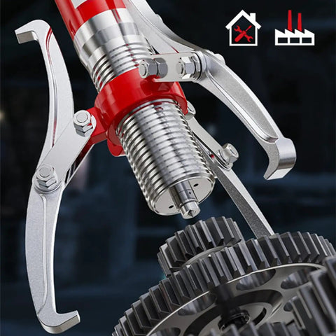 Close-up of Portable Hydraulic Gear Puller Set with 2-Jaw and 3-Jaw Modes in use, showing robust metal construction