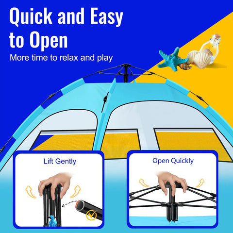 Easy Setup Beach Tent Sun Shelter with demonstration of quick and easy opening mechanism.