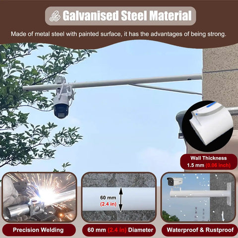 Extendable Outdoor Security Camera Pole Mount 4ft-6.6ft with galvanised steel material and universal bracket.