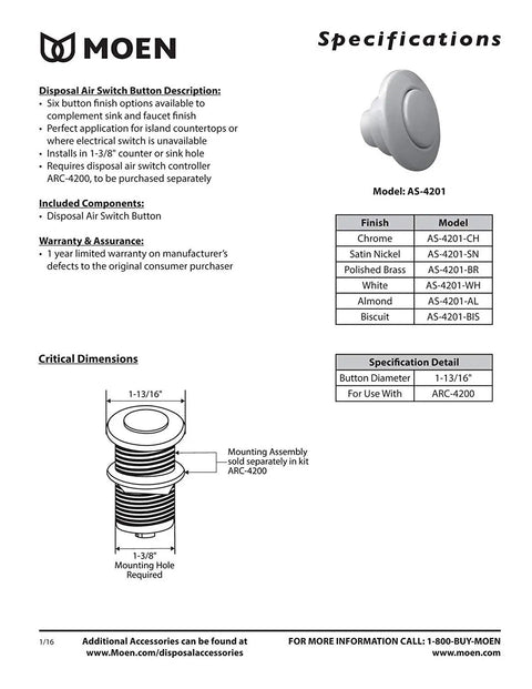 Specifications for Garbage Disposal Air Switch Decorative Button For Kitchen Island In Black Stainless Finish Coordinating Button Only Housing Required Requires ARC 4200 Controller Slick Modern Look Over Traditional Wall Switch Easy Install, with technical dimensions and component details displayed.