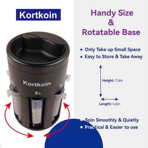 Automatic Coin Sorter And Counter 5 In 1 With Wrappers showing handy size and rotatable base, Kortkoin brand.