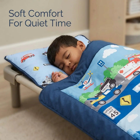 Nap Mat For Toddlers With Removable Pillow Fire Police Rescue Theme Roll Up Design used by sleeping child in preschool