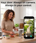 Heavy Duty WiFi Video Smart Lock With Handle, 5 In 1 Keyless Entry System in use with smartphone video feed in kitchen.