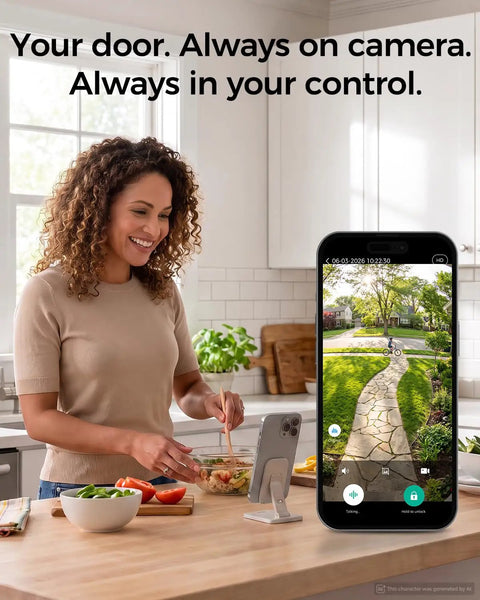 Heavy Duty WiFi Video Smart Lock With Handle, 5 In 1 Keyless Entry System in use with smartphone video feed in kitchen.