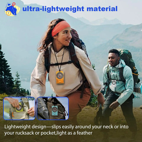 Two hikers using 4 Pack Waterproof Adjustable Declination Orienteering Compass With Magnifier And Ruler on a scenic trail