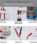 Beast Mode Upgraded Digital Multimeter 16-piece test leads with probes, clips, and connectors, showing usage examples.