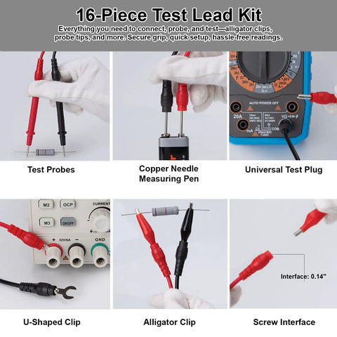 Beast Mode Upgraded Digital Multimeter 16-piece test leads with probes, clips, and connectors, showing usage examples.