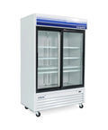 Straight Up Heavy Duty Commercial Glass Door Refrigerator With 53 Inch Width And 45 Cubic Feet Storage featuring two front doors and adjustable shelves.