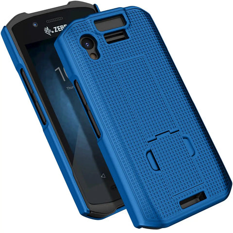 Sweet Kickstand Hard Shell Case And Rotating Belt Holster Bundle For Portable Scanners featuring blue textured design for Zebra TC21 TC26.