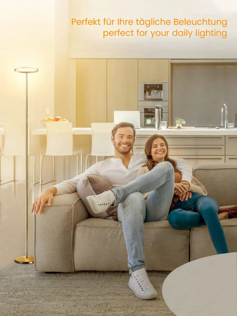 Smart RGBCW LED Floor Lamp With Alexa And Google Home, 25W dimmable torchiere in modern living room setting by a couple