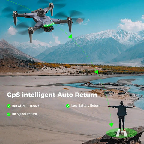 Pro Grade 4K Camera GPS Drone With Auto Return flying over mountains and man with arms outstretched, showcasing location tracking.